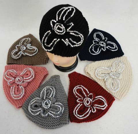 Wide Hand Knitted Ear Band [Rhinestone FLOWER]