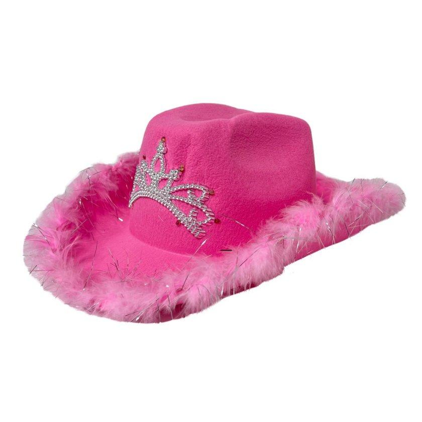 Ladies Felt Cowboy Hat with TIARA and Feather Edge-PINK ONLY