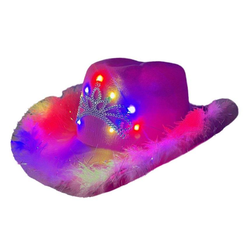 Light-Up Felt Cowboy Hat with TIARA and Feather Edge-PINK ONLY