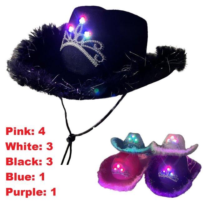 Light-Up Felt Cowboy HAT with Tiara and Feather Edge-Asst Colors