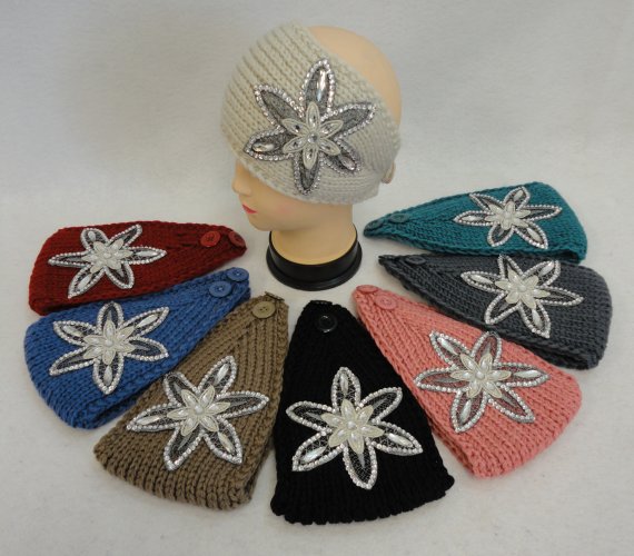 Wide Hand Knitted Ear Band [Star FLOWER Applique w Gems]