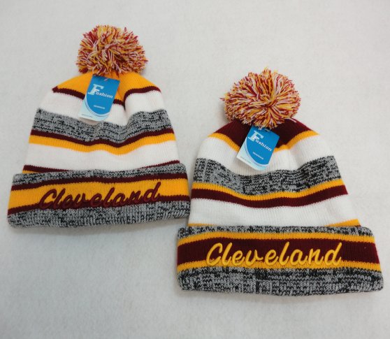 Knitted HAT with PomPom [Embroidered CLEVELAND -W/G] Stripes
