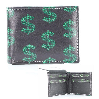 Vegan LEATHER WALLET [Bifold] $ Sign Marijuana Leaves