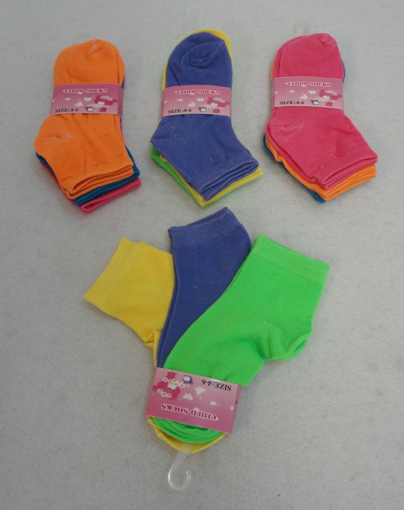 3pr Girl's Ankle SOCKS 4-6 [Neon Solid Color]