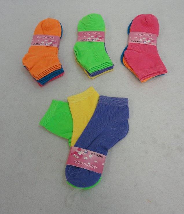 3pr Girl's Ankle SOCKS 6-8 [Neon Solid Color]