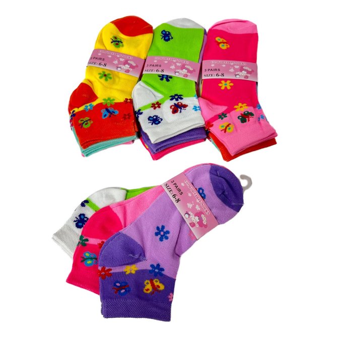 3pr Girl's Printed Ankle SOCKS 6-8 [Butterfly & Daisies]