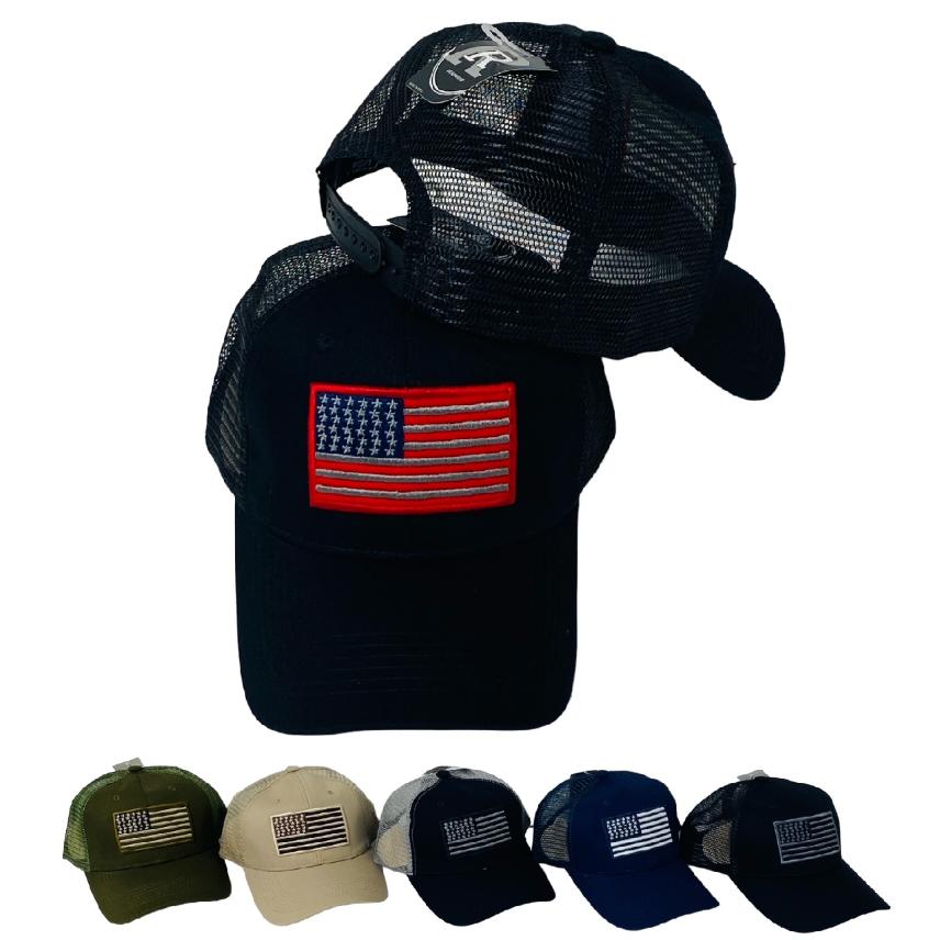 100% Cotton Front Mesh Hat with Embroidered FLAG