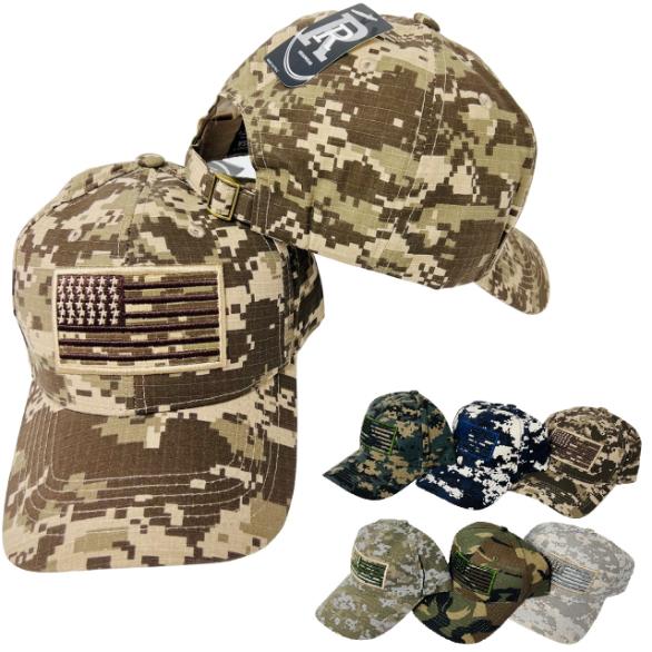 100% Cotton Ripstop Camo Hat with Embroidered Flag
