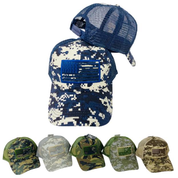 100% Cotton Ripstop Camo Mesh Hat with Embroidered Flag
