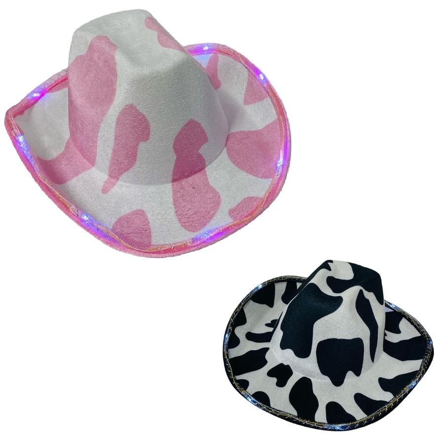 Light-Up Felt Cowboy HAT [Cow Prints] Black and Pink