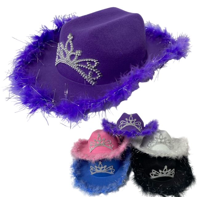 Child's Felt Cowboy HAT with Princess Tiara and Feather Edge-Asst