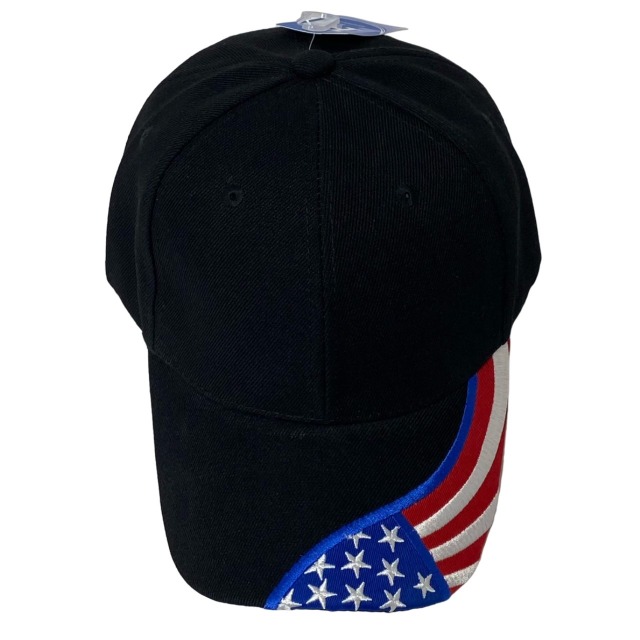 Solid Black Hat with Embroidered Wavy FLAG Bill
