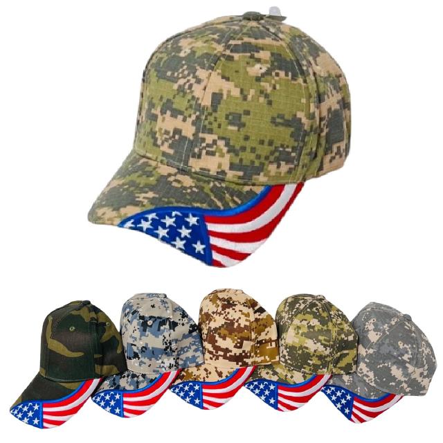 Solid Camo Hat with Embroidered Wavy FLAG Bill