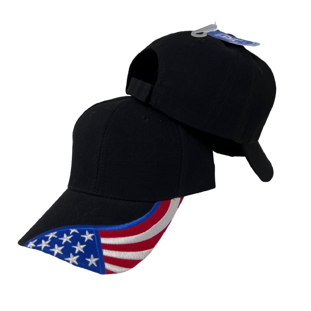 Solid Black Hat with Embroidered Wavy FLAG Bill