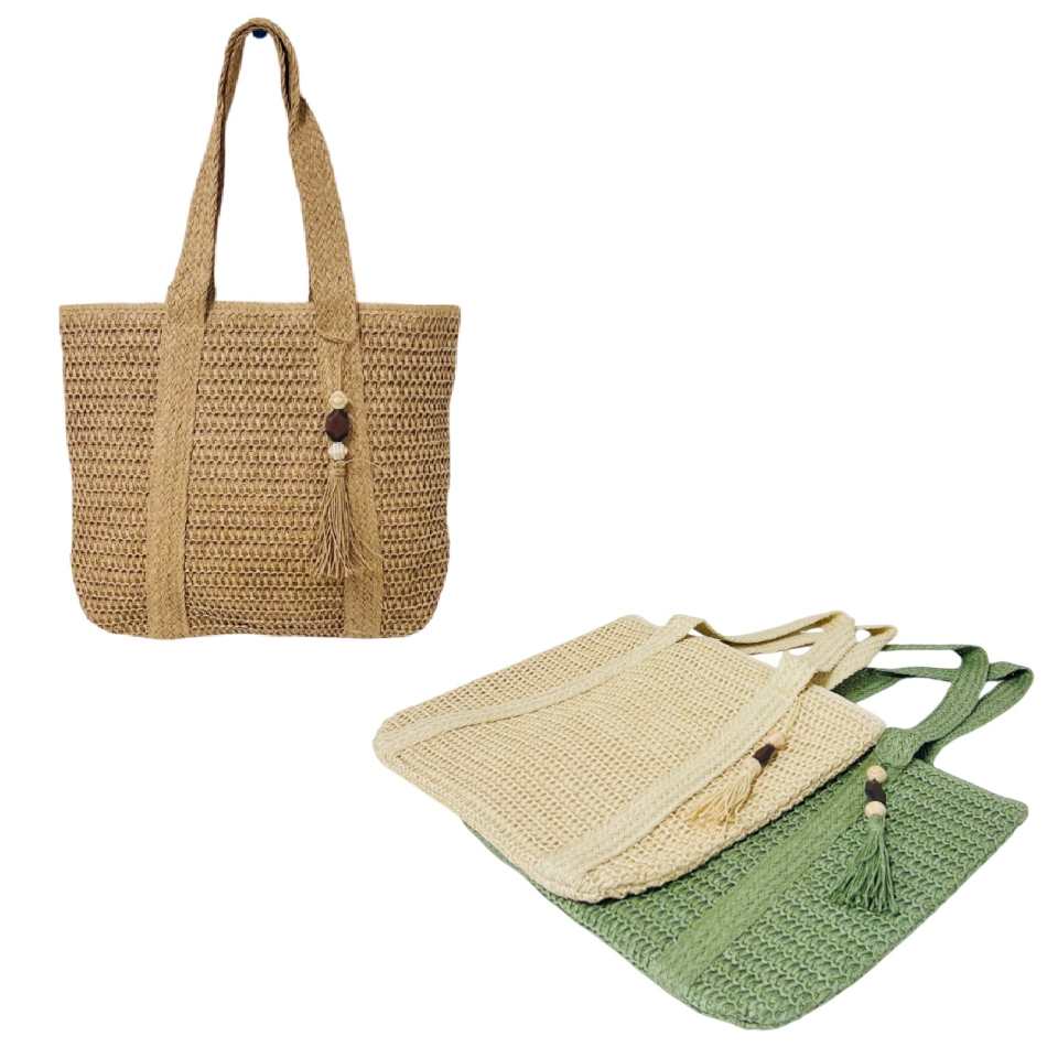 Straw Crocheted Market Tote [Beaded Tassel] 15''x16.5''