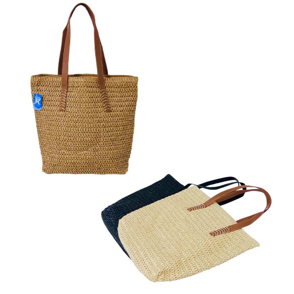 Straw Crocheted Market Tote [Leather-Like Straps] 16''x14''
