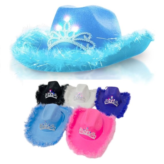Child's Light-Up Felt Cowboy Hat w TIARA and Feather Edge-Asst