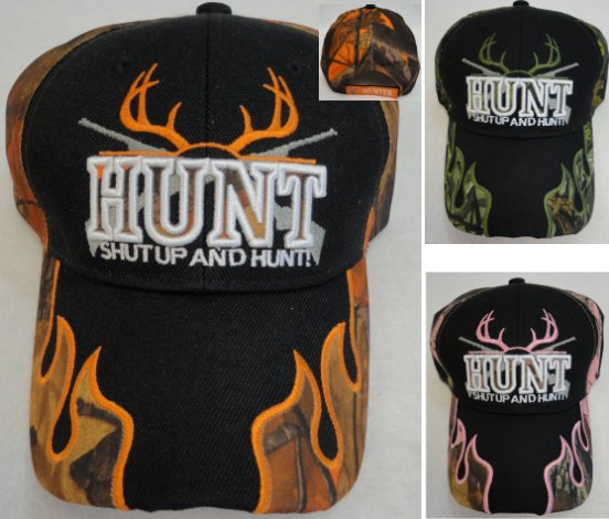 HUNT/SHUT UP AND HUNT Hat (Camo Flames on Bill]