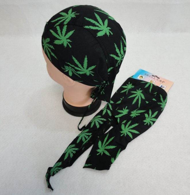 SKULL Cap-Black with Green Marijuana Leaves