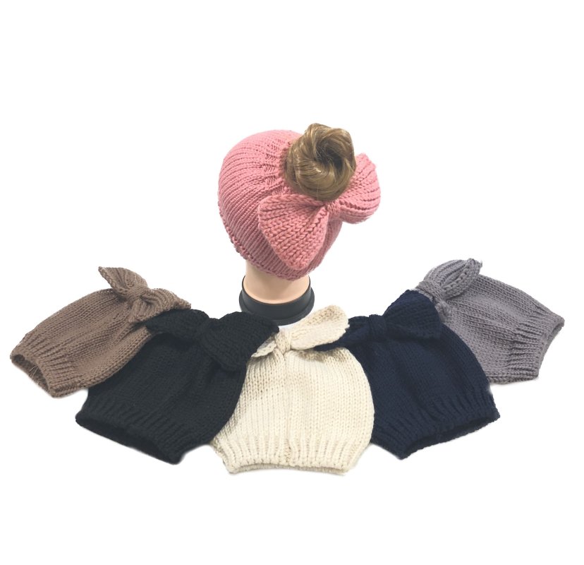 Knitted Pony Tail BEANIE with Bow [Small Knit]