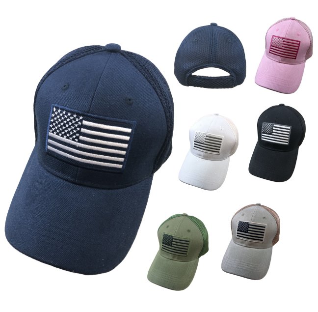 *Solid Color Hat-Soft Jersey Mesh Back with Embroidered Flag