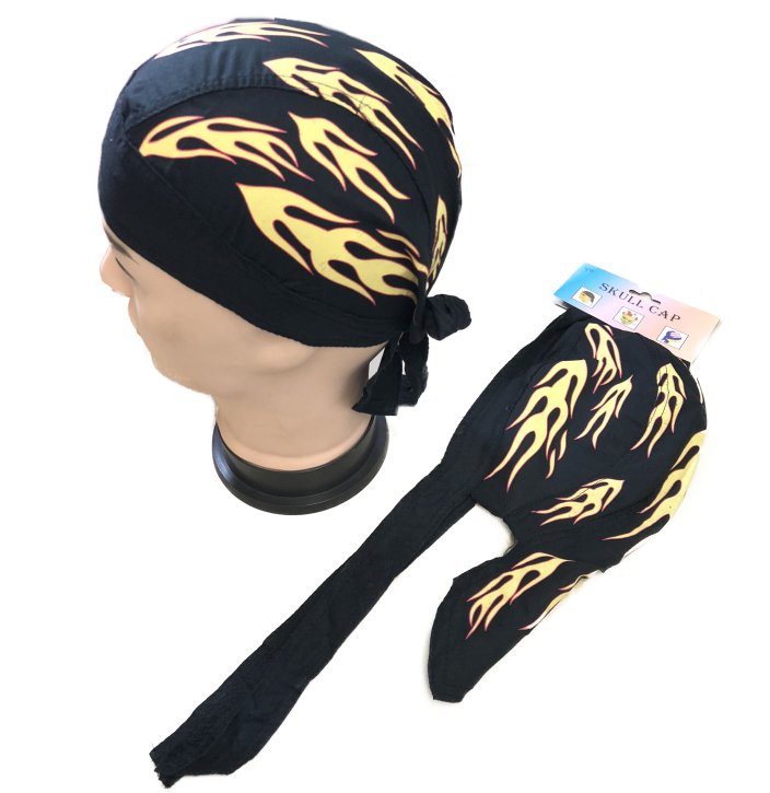 Skull CAP-Black with Yellow Flames