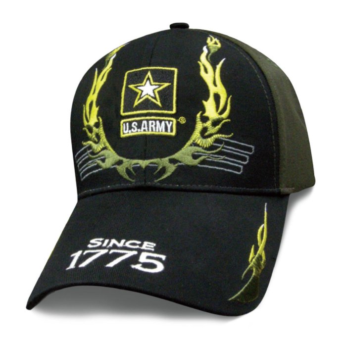 Licensed Black/Green US ARMY Hat w Flames (Since 1775)