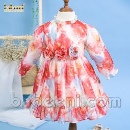 Fancy peony floral printing chiffon girl dress