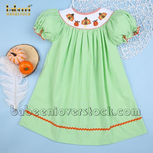 Smocked turkeys thanksgiving lime gingham DRESS