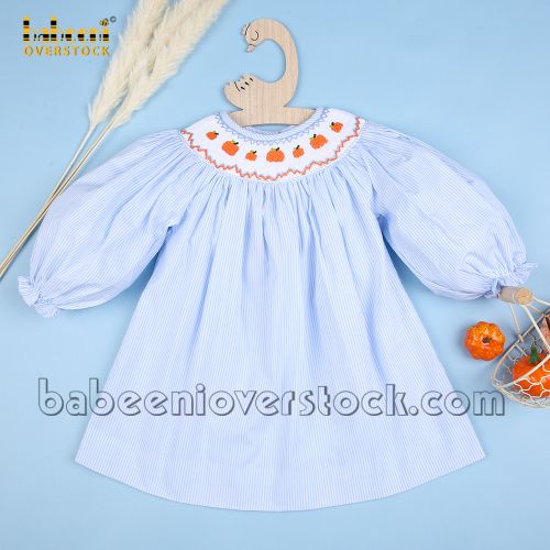 Thanksgiving pumpkin smock bishop DRESS baby blue stripe