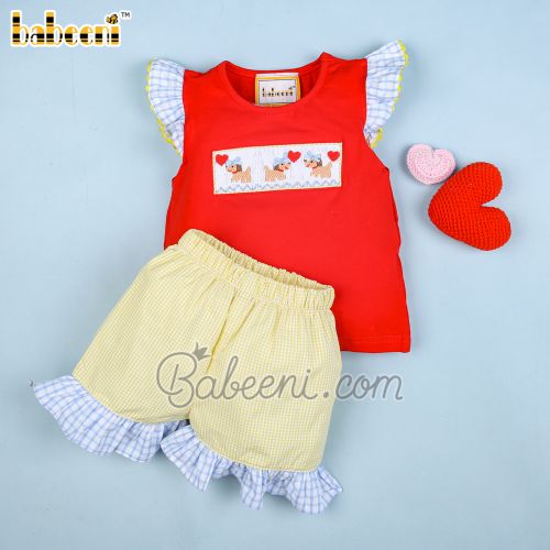 Girl puppies love smocked set