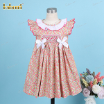 Geometric Smocked DRESS In Red Floral White Neck For Girl