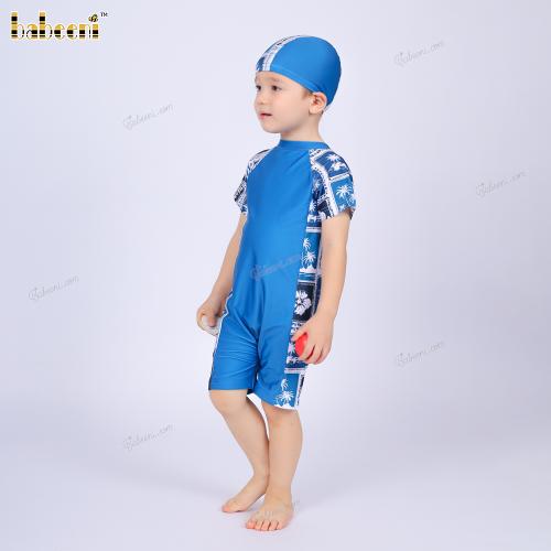 Set Swimwear For Boys with blue tropical leaf pattern