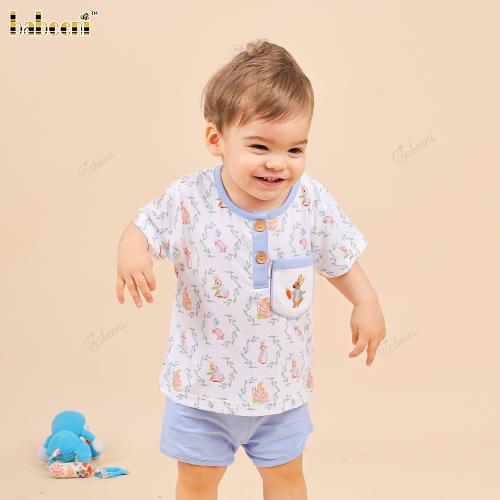 2 Pieces Rabbit Embroidery Blue On White For Boy - BB3126