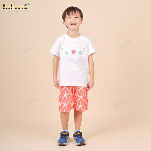 Smocked starfish coral white boy set - BB2069