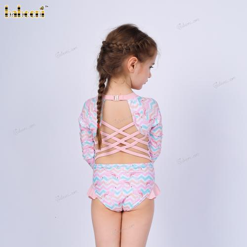 1-pieces Swimwear For Girl with FLAMINGO and colorful waves