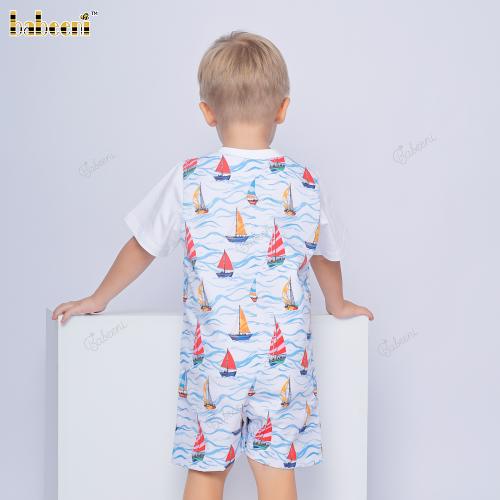 Boys set with Boat MACHINE embroidery with printed fabric
