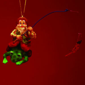 5-1/8'' Poly Resin Santa FISHING on Frog Christmas Ornament