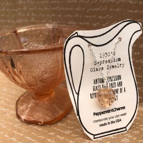 1930's Pink Depression glass small heart pendant necklace