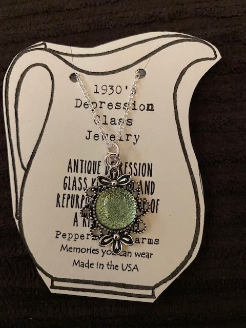 Depression glass Green fancy pendant necklace STERLING SILVER