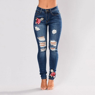 Embroidered SKINNY Denim JEANS-DENIM BLUE