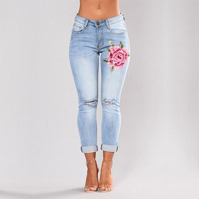 Embroidered Skinny Denim JEANS-BLUE