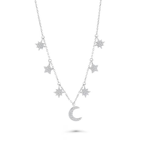 CFJ Sterling Silver 925 Fine CZ Star and Crescent Moon Necklace