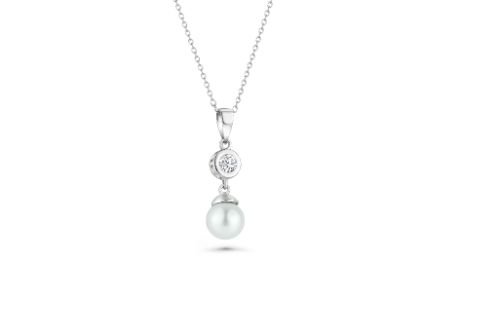 CFJ Sterling Silver 925 Fine CZ and Synthetic Pearl Drop NECKLACE
