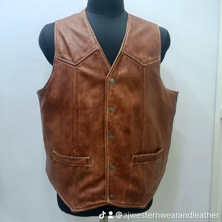 AJ LEATHER Cognac Snap Button Vest