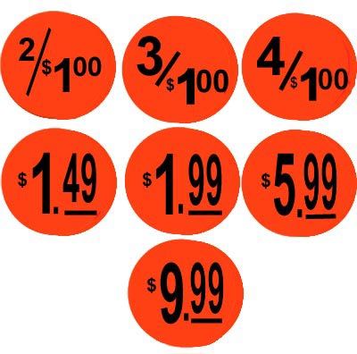 1.5'' Round Fl. RED Price Labels (From .49 to 9.99)
