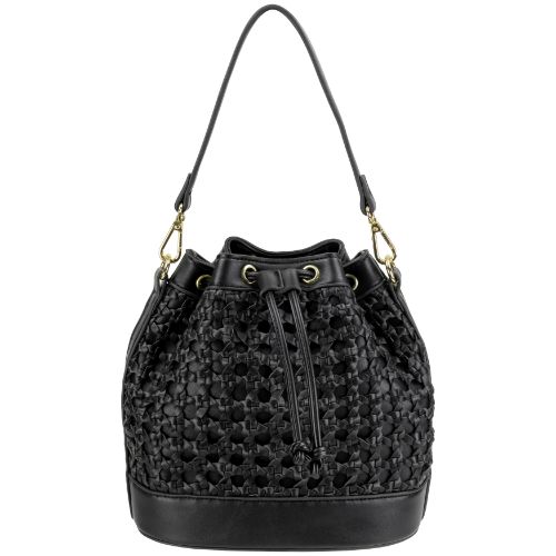 Faux Leather Overlay Bucket Bag With Drawstring Closure