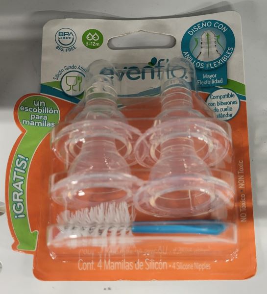 EVENFLO MID FLOW REG NIPPLE W/BRUSH 4PK