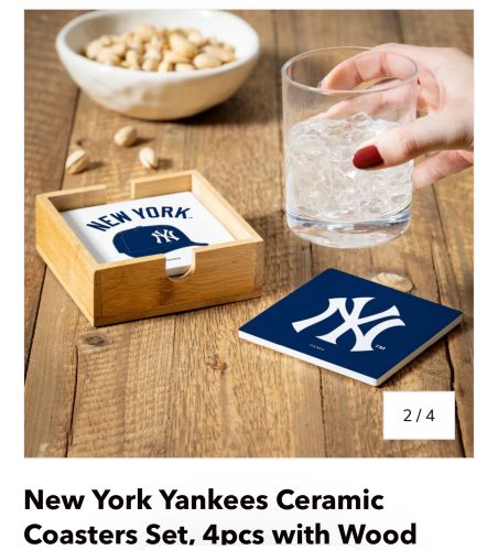 New York YANKEES Ceramic Coaster Set 4 Pcs with wood caddy