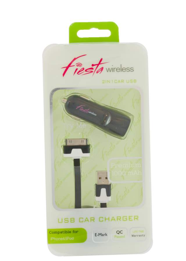 2 in 1 Fiesta Car Charger Compatible with iPHONE 4/4s or iPad